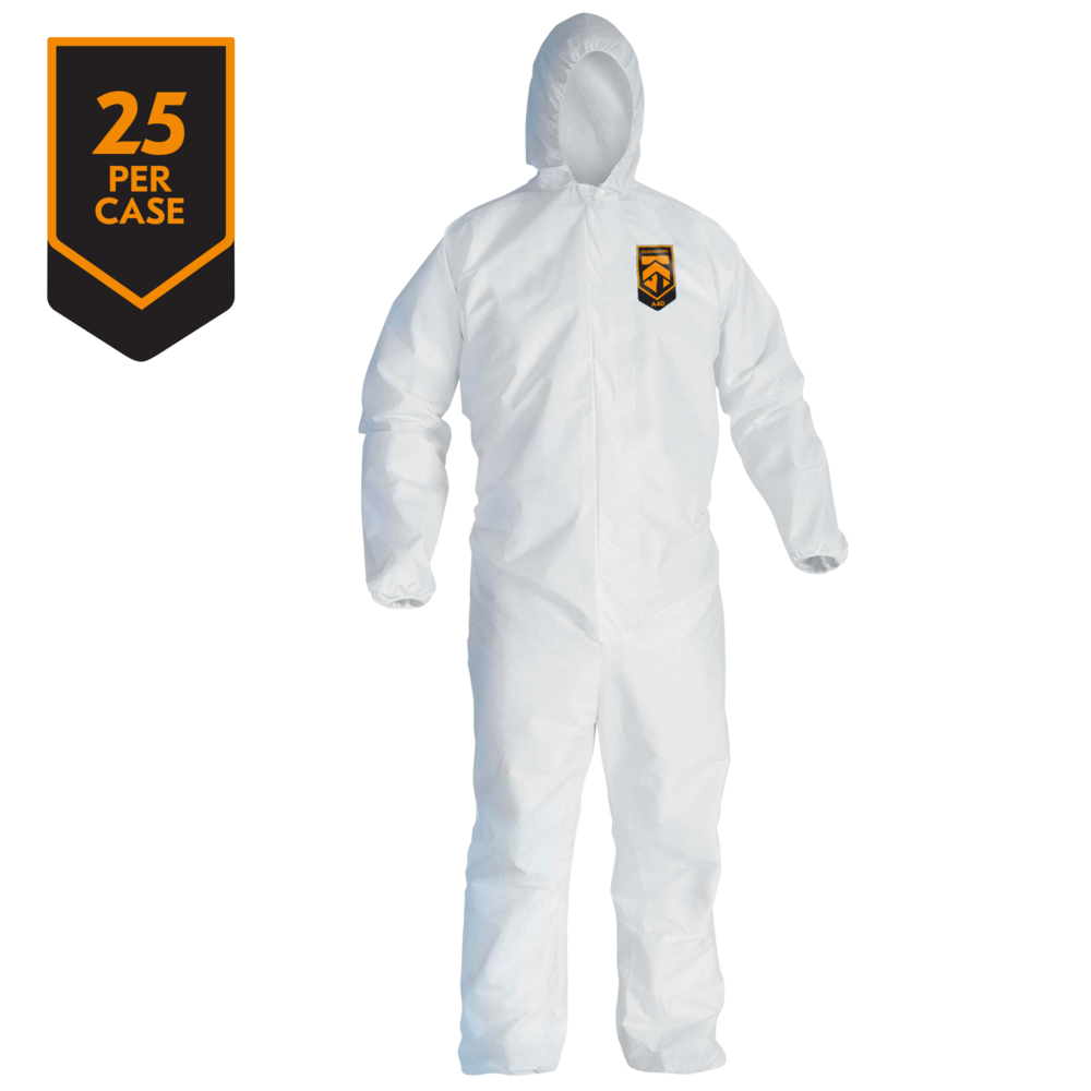 KleenGuard™A40 Liquid and Particle Protection Coveralls, REFLEX Design, Zip Front, Elastic Wrists & Ankles, Hood, White, Medium, 25 Coveralls / Case - 44322