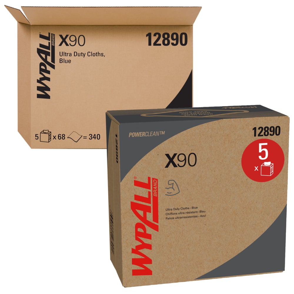 Chiffons WypAll® X90 Power Clean ultra-robustes (12890), BOÎTE POP-UP de lingettes, bleu jean, 5 boîtes/caisse, 68 feuilles/boîte, 340 feuilles/caisse - 12890