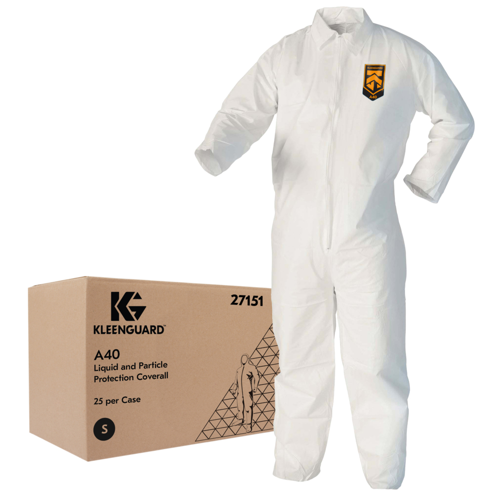 KleenGuard™ A40 Liquid & Particle Protection Coveralls (27151), Zipper Front, White, Small (Qty 25) - 27151