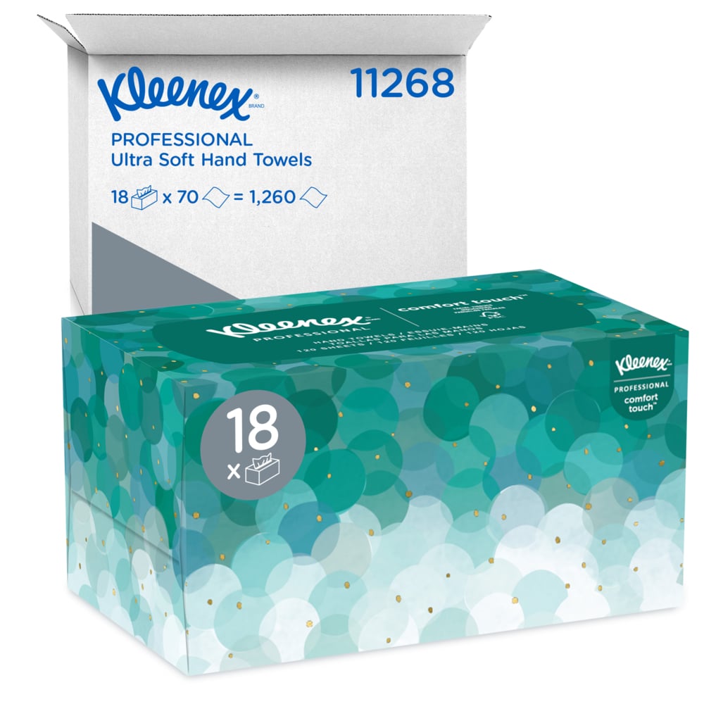 Essuie-mains Kleenex (11268) ultra-doux et absorbants, boîte Pop-Up, 18 boîtes/caisse, 70 essuie-mains/boîte, 1 260 feuilles/caisse - 11268