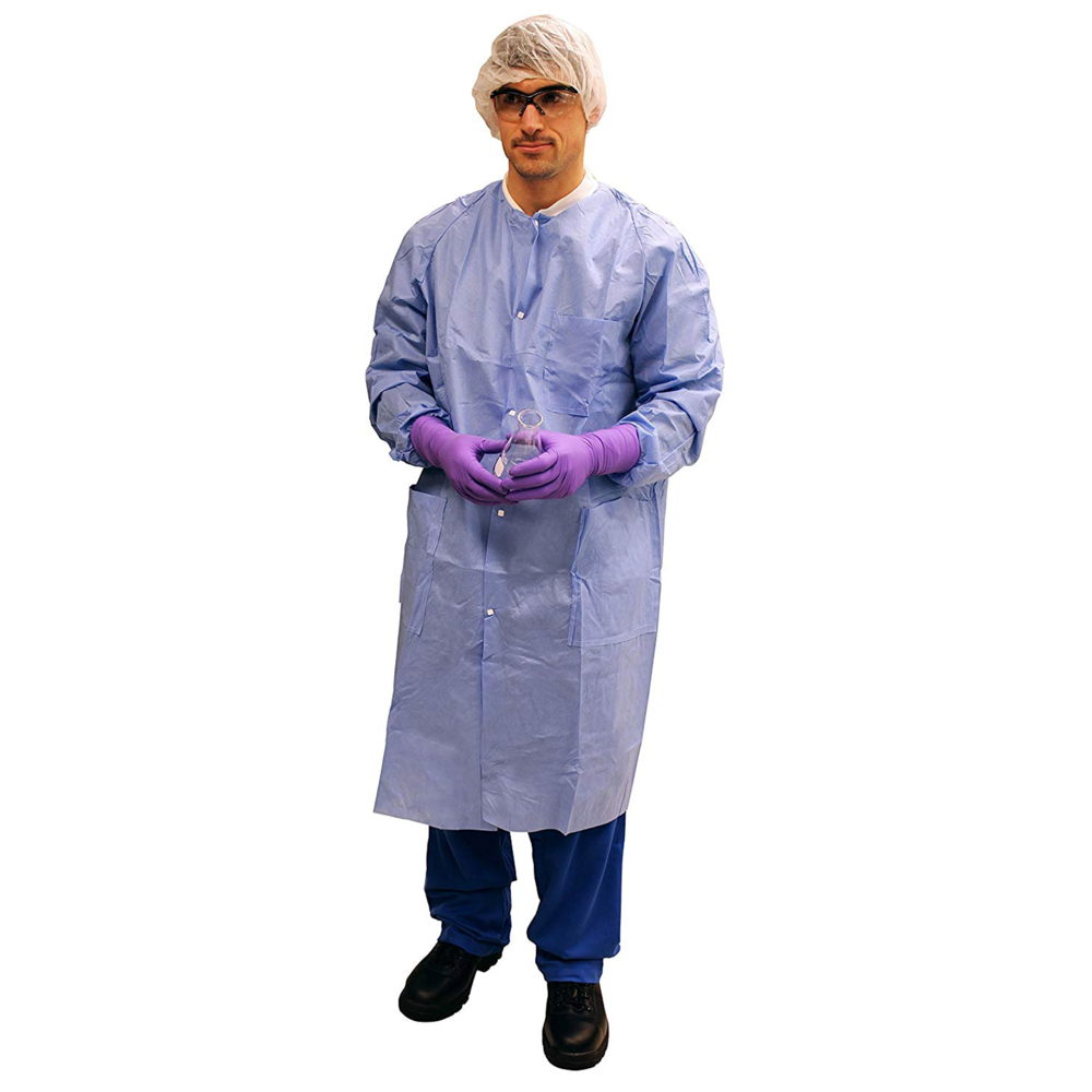 Kimtech™ A8 Certified Lab Coats with Knit Cuffs and Collar (10032), Protective 3-Layer SMS Fabric, Knit Collar & Cuffs, Unisex, Blue, Large, 25 / Case - 10032