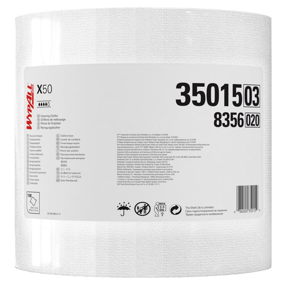 Chiffons de nettoyage WypAll® X50 General Clean (35015), résistants pour une utilisation prolongée, rouleau géant, blanc, 1 100 feuilles/rouleau - 35015