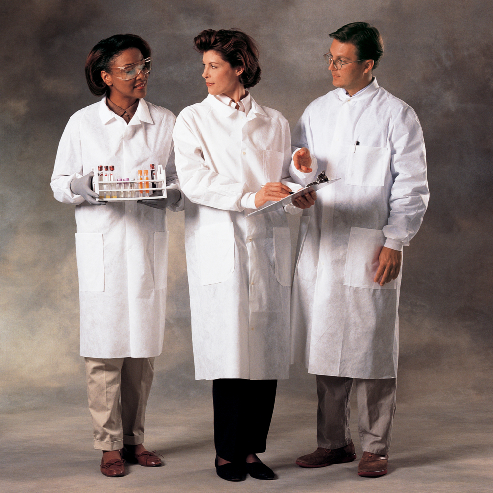 Kimtech™ A8 Certified Lab Coats with Knit Cuffs (10124), Protective 3-Layer SMS Fabric, Knit Cuffs, Mid-Calf Length, Unisex, White, 2XL, 25 / Case - 10124