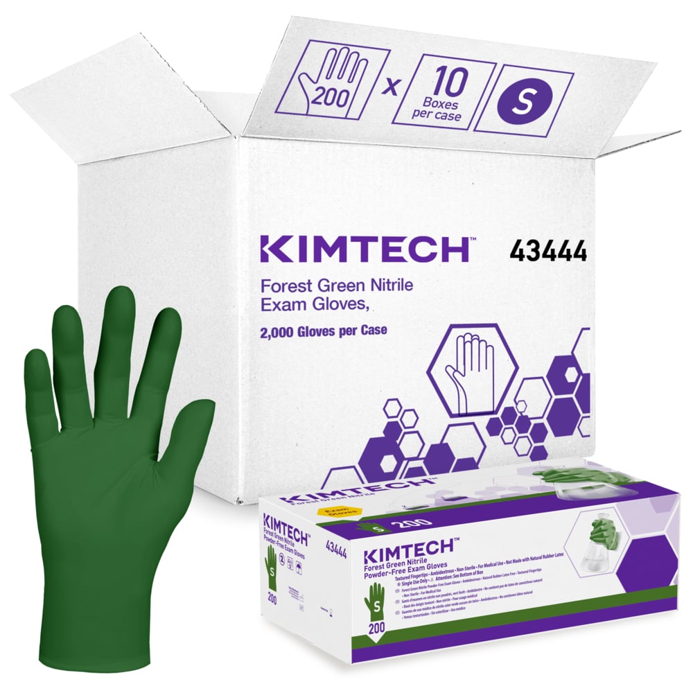 Kimtech™ Forest Green Nitrile Exam Gloves (43444), 3.5 Mil, Ambidextrous, 9.5”, Small, 200 Nitrile Gloves / Box, 10 Boxes / Case, 2,000 / Case;Kimberly-Clark™ Forest Green Nitrile Exam Gloves (43444), 3.5 Mil, Ambidextrous, 9.5”, Small, 200 Nitrile Gloves / Box, 10 Boxes / Case, 2,000 / Case - 43444