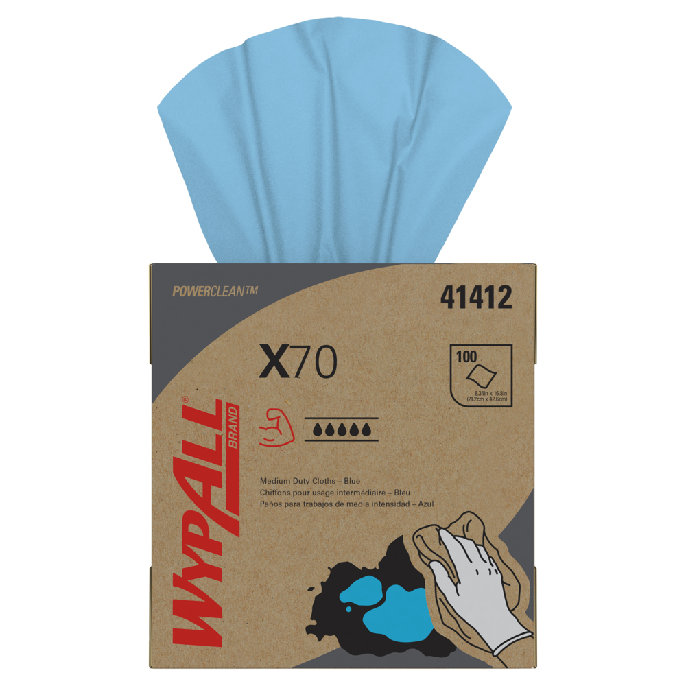 WypAll® PowerClean™ X70 Medium Duty Cloths (41412), Pop-Up Box, Long Lasting Towels, Blue (100 Sheets/Box, 10 Boxes/Case, 1,000 Sheets/Case) - 41412