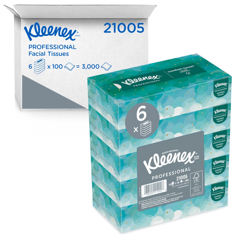 Kleenex® Professional Facial Tissue for Business (21005), Flat Tissue Boxes, 6 Bundles / Case, 5 Boxes / Bundle, 100 Tissues / Box 
