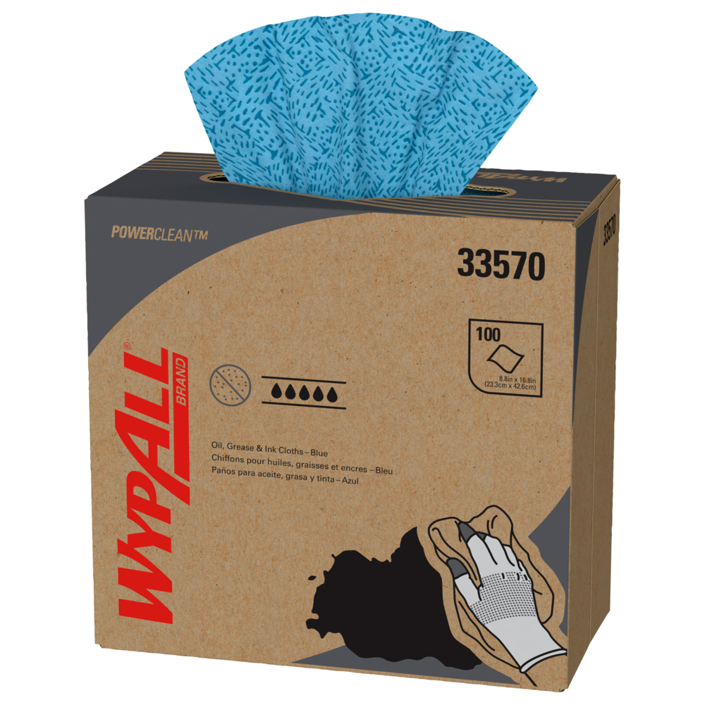 Essuie-tout pour l’huile, la graisse et l’encre WypAll® (33570), boîte Pop-Up, chiffon non pelucheux, bleus (100 feuilles/paquet, 5 paquets/caisse, 500 feuilles/caisse) - 33570