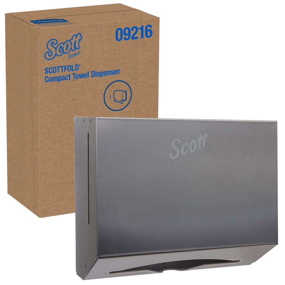 Distributrice d’essuie-mains pliés Scott® Scottfold™ (09216), en acier inoxydable, 27 cm x 22,86 cm x 12,07 cm (10,63 po x 9,0 po x 4,75 po) (qté 1);Distributrice d’essuie-mains en papier compacte Scott Scottfold (09216), petite distributrice d’essuie-mains, acier inoxydable - 09216