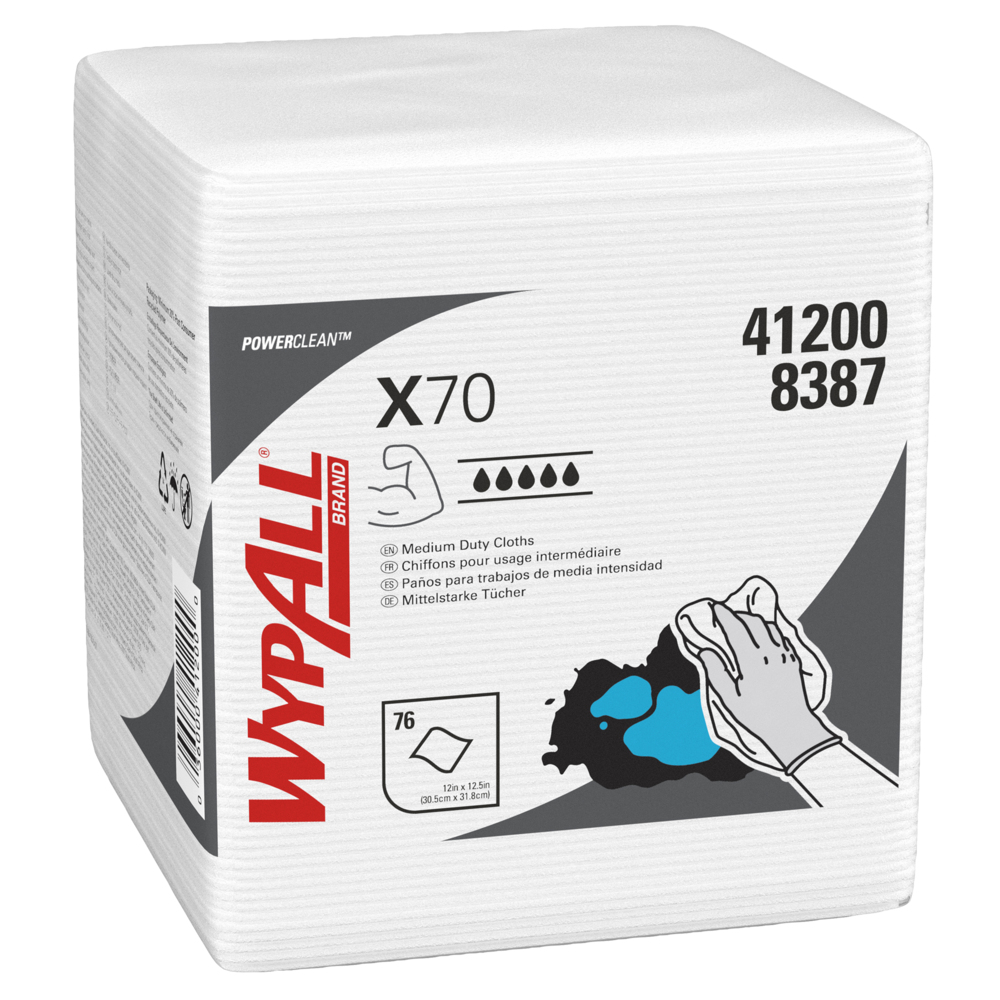 Chiffons de nettoyage moyen WypAll® X70 Power Clean (41200), pliées en quatre, performance longue durée, blancs, 12 paquets, 76 feuilles/paquet - 41200