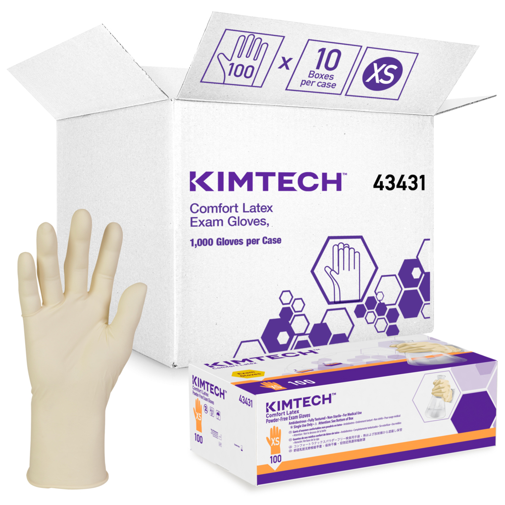 Kimberly-Clark™ Comfort Latex Exam Gloves (43431), 5 Mil, Ambidextrous, 9.5”, Extra-Small, Natural Color, 100 / Box, 10 Boxes, 1,000 Gloves / Case - 43431