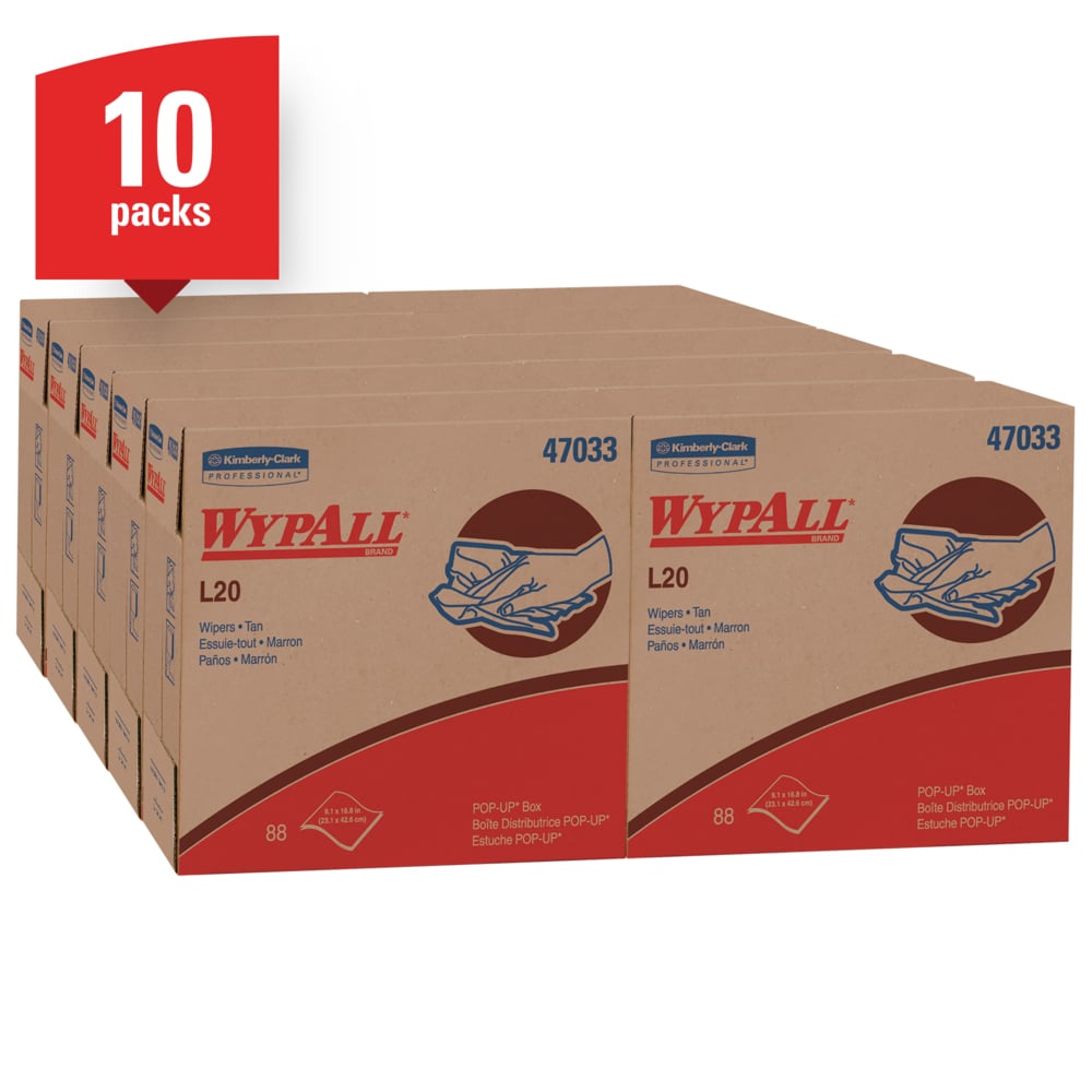 WypAll® L20 Limited Use Towels (47033), Pop-Up Box, Natural Color, 2-Ply, 10 Boxes / Case, 88 Sheets / Box - 47033