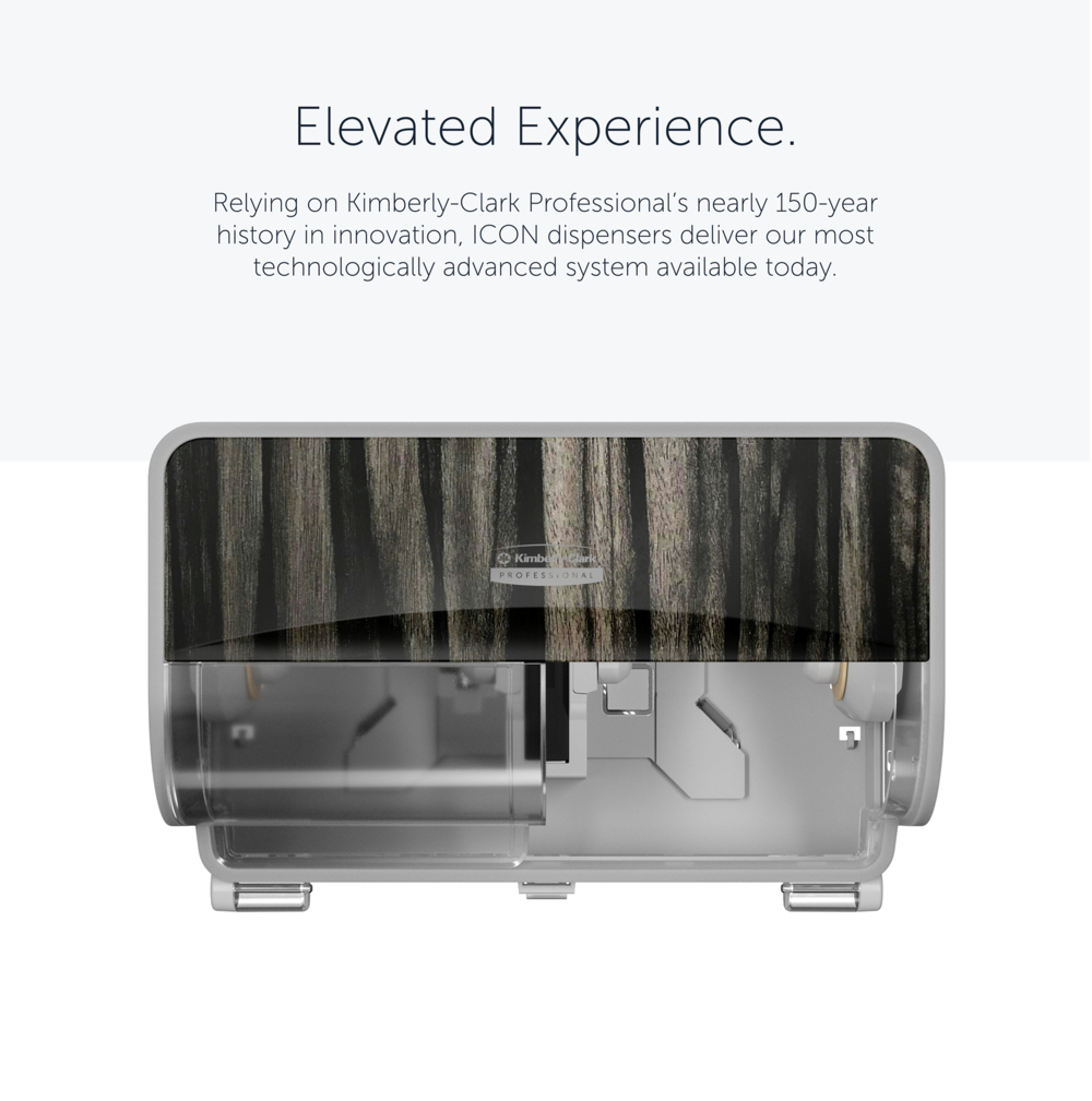 Kimberly-Clark Professional™ ICON™ Coreless Standard Roll Horizontal Toilet Paper Dispenser 2 Roll (58752), with Ebony Woodgrain Design Faceplate, 7.9" x 12.4" x 6.42" (Qty 1) - 58752