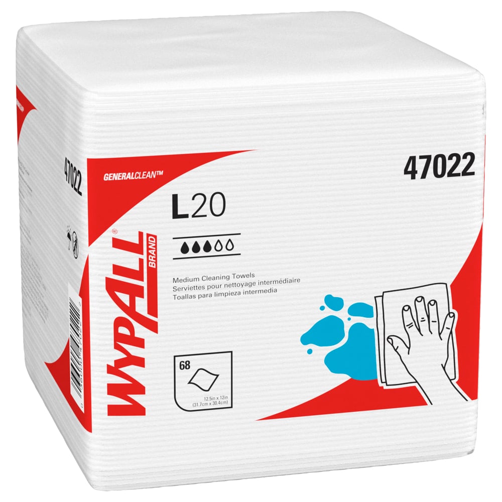 Chiffons de nettoyage moyen WypAll® L20 General Clean (47022), format à quatre plis, blancs, pliés en quatre, 12 paquets/caisse, 68 feuilles/paquet - 47022