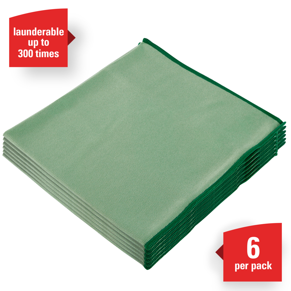 WypAll® Microfiber Cloths (83630), Reusable, 15.75” x 15.75”, Green for Glass and Mirrors, 4 Packs / Case, 6 Wipes / Container, 24 Wipes / Case - 83630