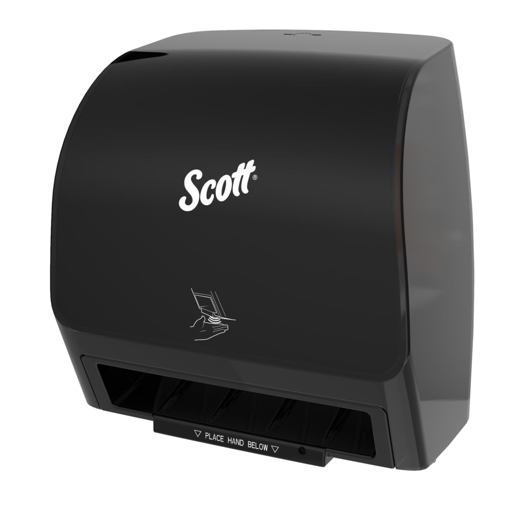 Distributrice automatique d’essuie-mains Scott® Slimroll (47196), noire, pour essuie-mains Scott® Slimroll avec mandrin orange, 29,97 cm x 31,37 cm x 18,42 cm (11,8 po x 12,35 po x 7,25 po) (qté 1) - 47196