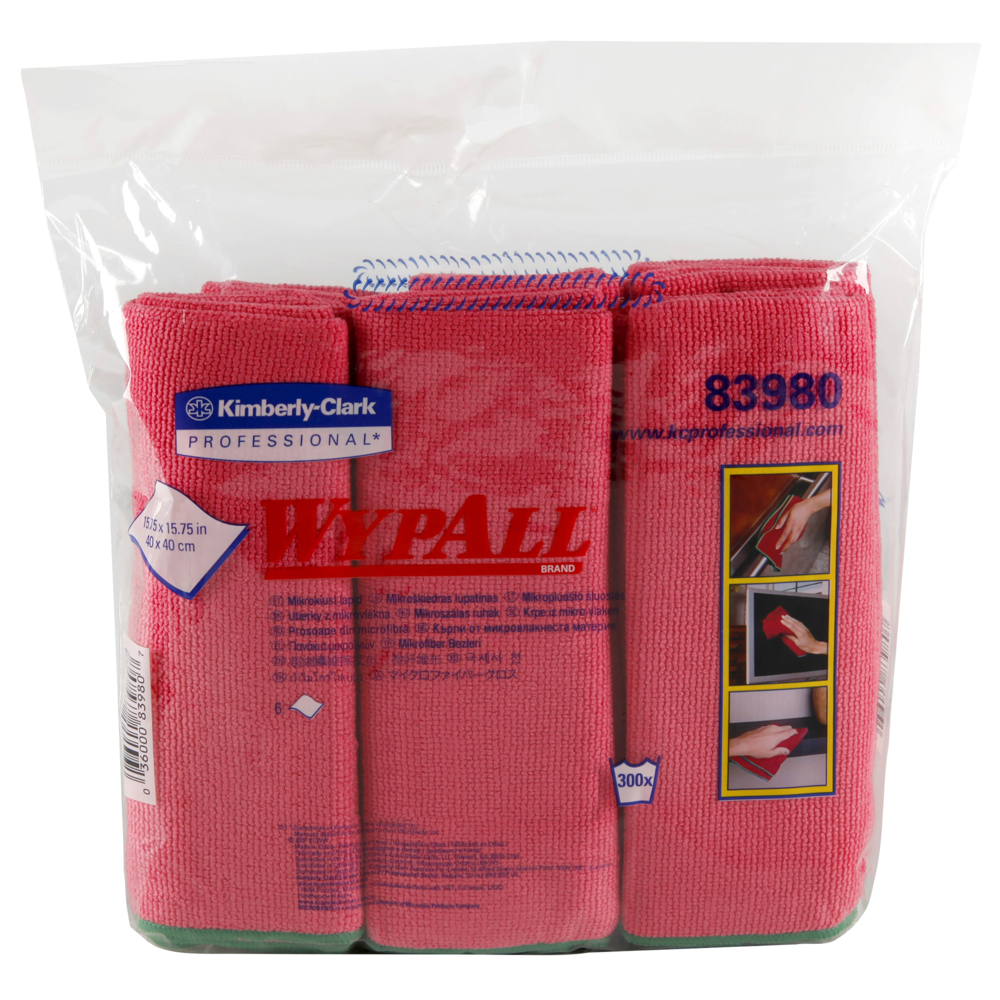 Chiffon en microfibre Wypall (83980), réutilisable, 15,75 po x 15,75 po, rouge, 4 paquets/caisse, 6 chiffons/contenant, 24/caisse - 83980