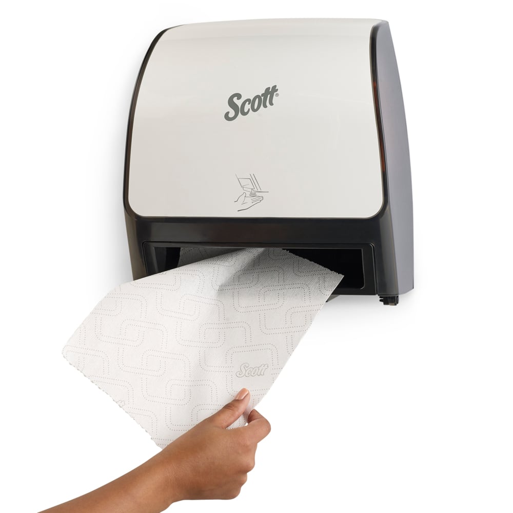 Distributrice automatique d’essuie-mains Scott® Slimroll (47259), blanche, pour essuie-mains Scott® Slimroll avec mandrin orange, 29,97 cm x 31,37 cm x 18,42 cm (11,8 po x 12,35 po x 7,25 po) (qté 1) - 47259