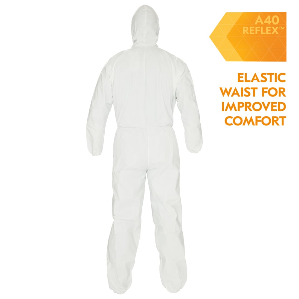 KleenGuard™ A40 Reflex™ Liquid & Particle Protection Coveralls (47995), Respirator Fit Hood, Storm Flap Zip Front, Elastic Waist, Wrists & Ankles with Thumb Loops, White, Medium, 25 Garments/Case - 47995