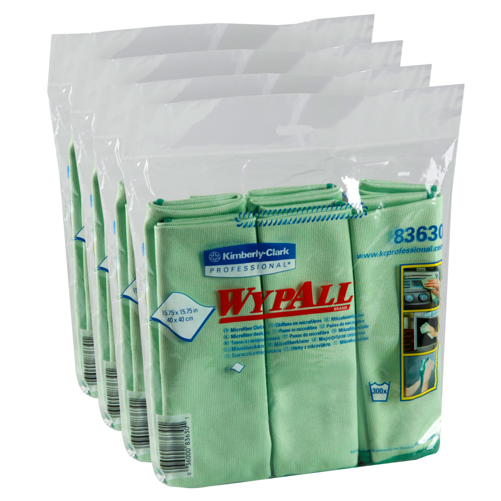 Chiffons en microfibre Wypall (83630), réutilisable, 15,75 po x 15,75 po, vert, pour verre et miroirs, 4 paquest/caisse, 6 lingettes/contenant, 24 chiffons/caisse - 83630