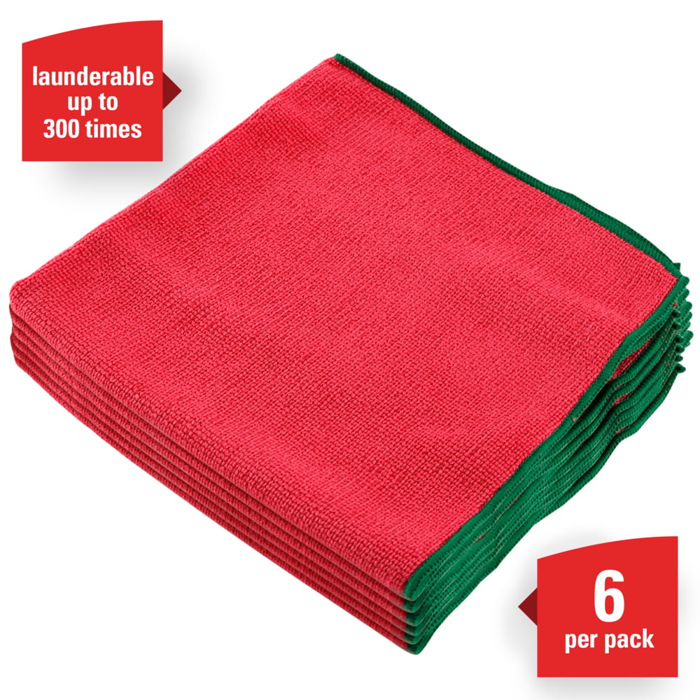 WypAll® Microfiber Cloths (83980), Reusable, 15.75” x 15.75”, Red, 4 Packs / Case, 6 Wipes / Container, 24 / Case - 83980