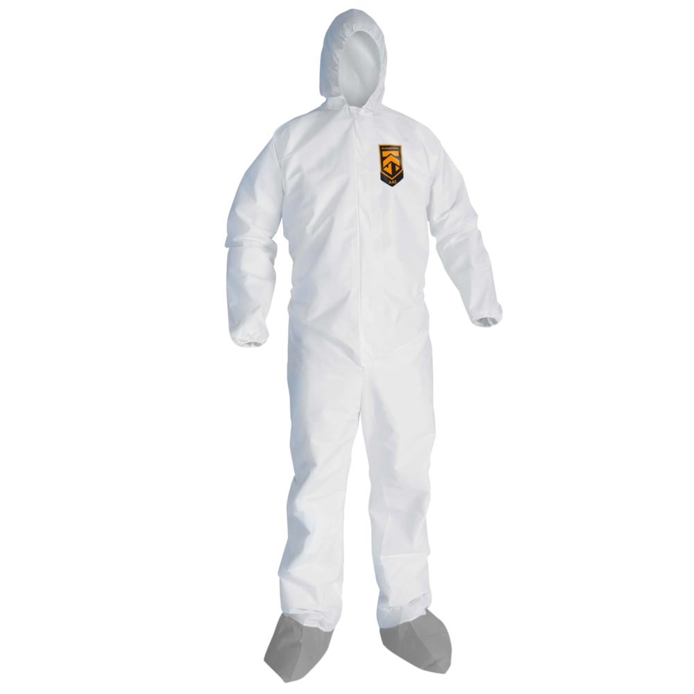 KleenGuard™ A45 Liquid & Particle Surface Prep & Paint Protection Coveralls (48973), Hood, New Skid-Resistant Boots, EWA, Reflex Design, Zip Front, White, Large, 25 / Case - 48973