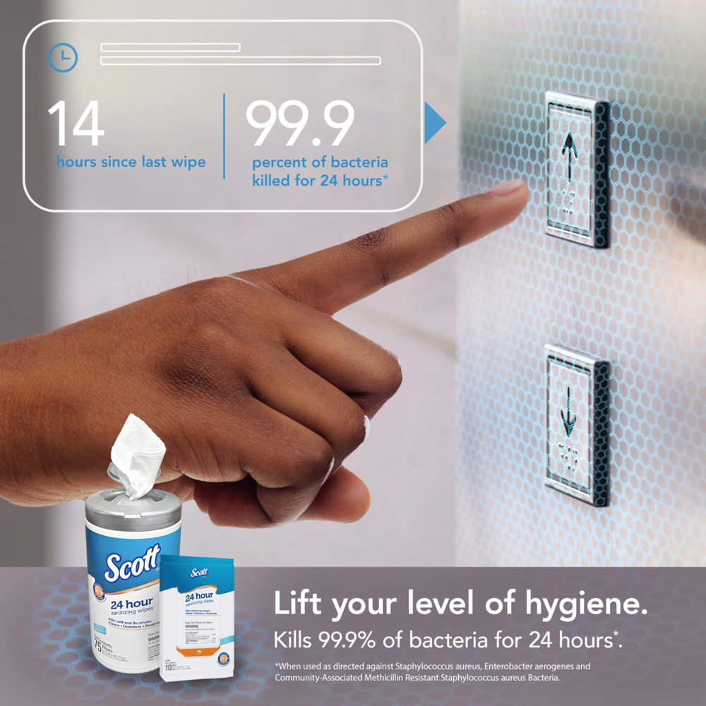 Scott 24 Hour Sanitizing Wipes – Multi-Surface Cleaning & Disinfecting, Continuous Sanitization For 24 Hours – (53686), 6 Canisters x 75 Count, 450 Wipes - 53686