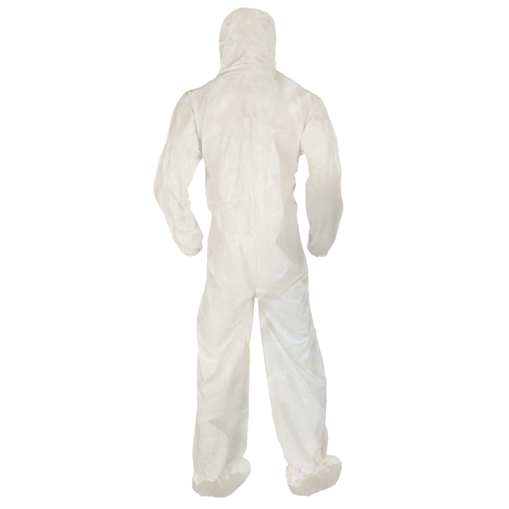 KleenGuard™ A80 Chemical Permeation & Jet Liquid Particle Protection Coveralls (45664), Zip Front, Storm Flap, EWA, Respirator-Fit Hood, Boots, White, XL, 12 / Case - 45664