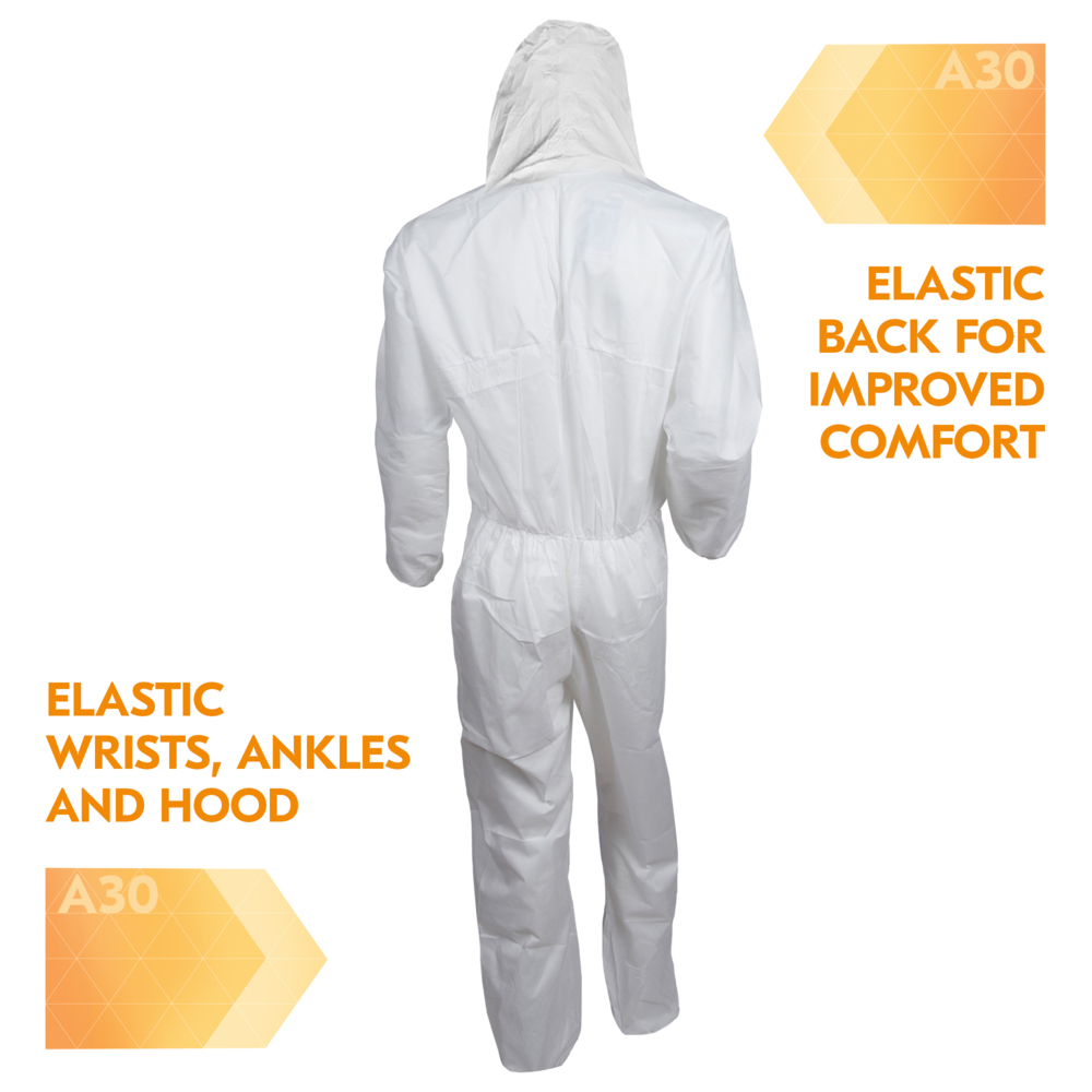 KleenGuard™ A30 Breathable Splash and Particle Protection Coveralls (46112), REFLEX Design, Hood, Zip Front, Elastic Wrists & Ankles (EWA), White, Medium, (Qty 25) - 46112