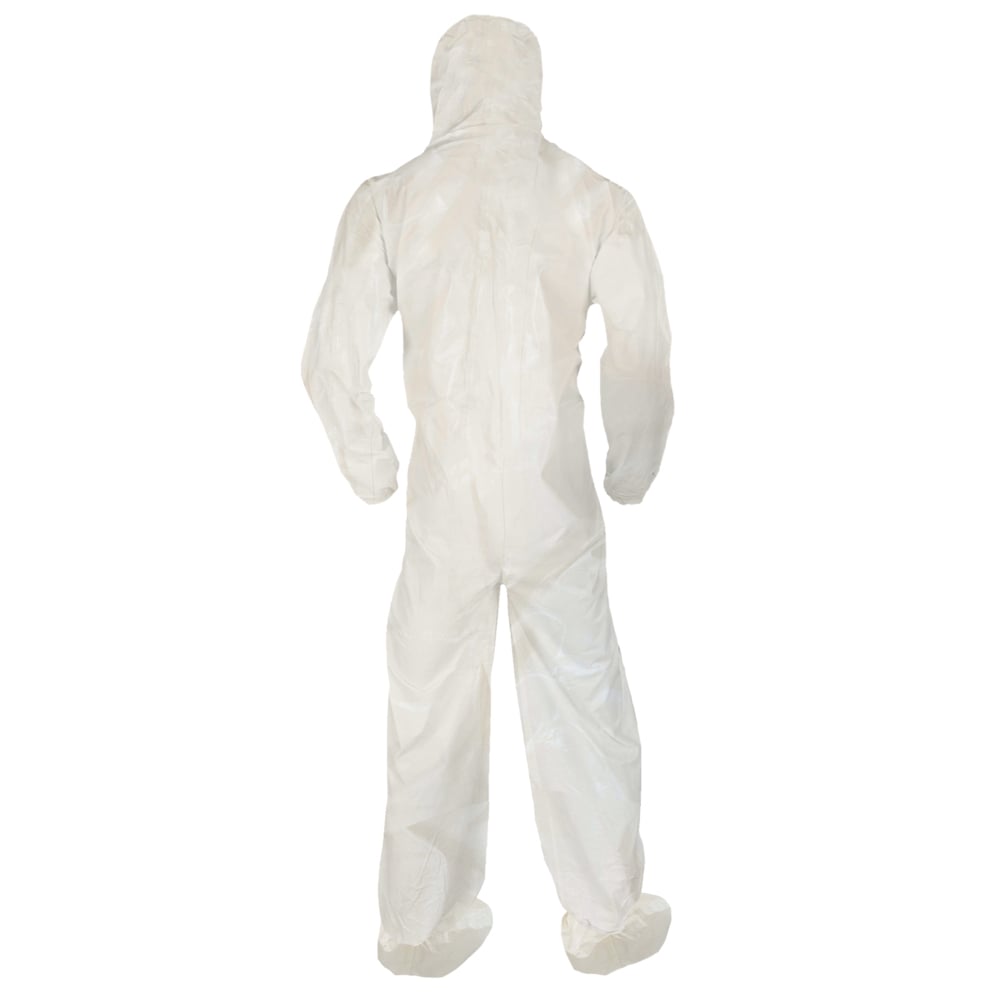 KleenGuard™ A80 Chemical Permeation & Jet Liquid Particle Protection Coveralls (45663), Zip Front, Storm Flap, EWA, Respirator-Fit Hood, Boots, White, Large, 12 / Case - 45663