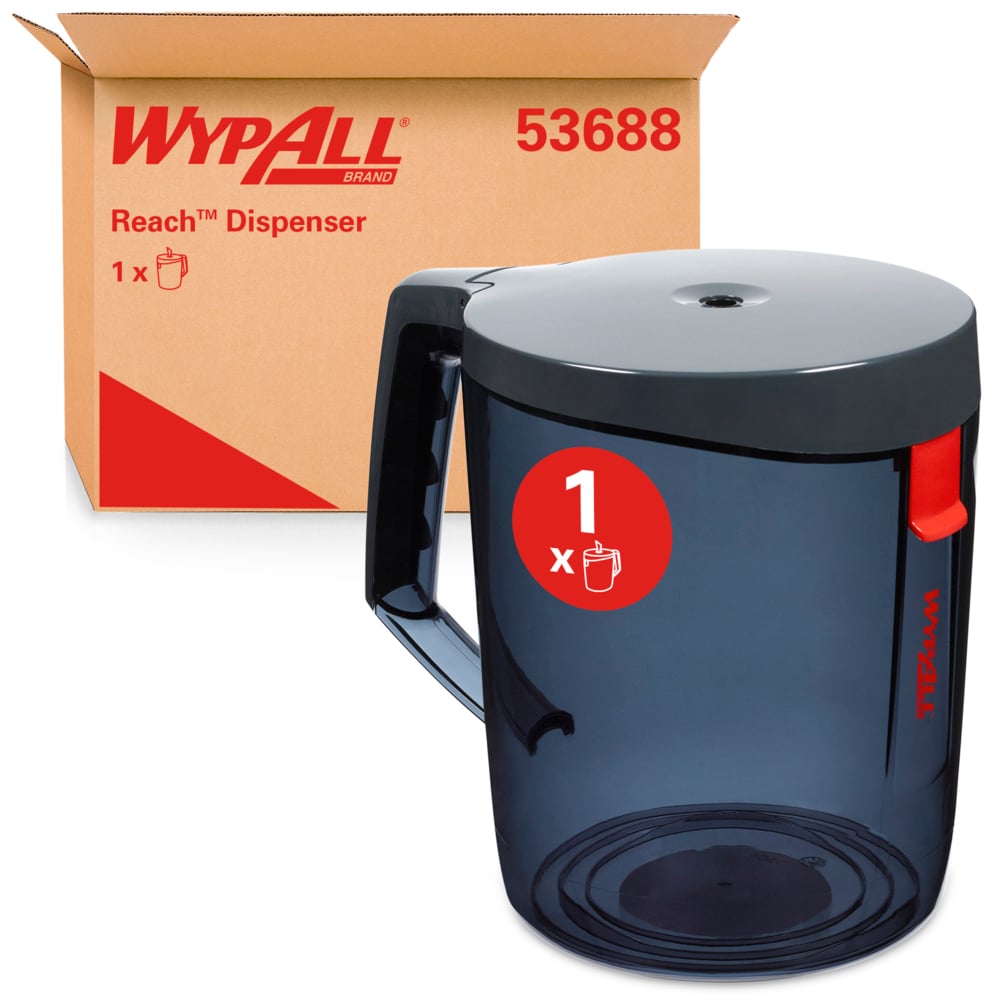 Système de distribution de serviettes WypAll® Reach™ (53688), noir, pour essuie-tout WypAll® Reach™, support de montage optionnel inclus (qté 1);Distributeur de système de serviettes WypAll® Reach™ (53688), support de montage en option inclus, à utiliser avec la serviette WypAll® Reach™ 53734, 1 distributeur / caisse - 53688