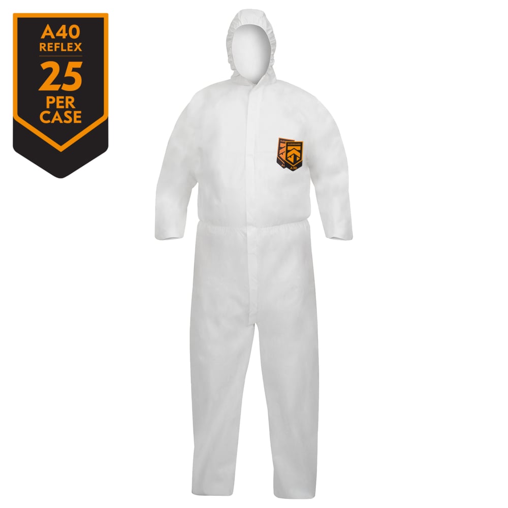 KleenGuard™ A40 Reflex™ Liquid & Particle Protection Coveralls (47998), Respirator Fit Hood, Storm Flap Zip Front, Elastic Waist, Wrists & Ankles with Thumb Loops, White, 2XL, 25  - 47998