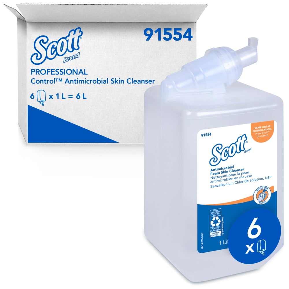 Scott® Antimicrobial Foam Skin Cleanser (91554), 1.0 L Manual Hand Soap Refills, Clear, Unscented, 0.1% Benzalkonium Chloride, (6 Bottles/Case)