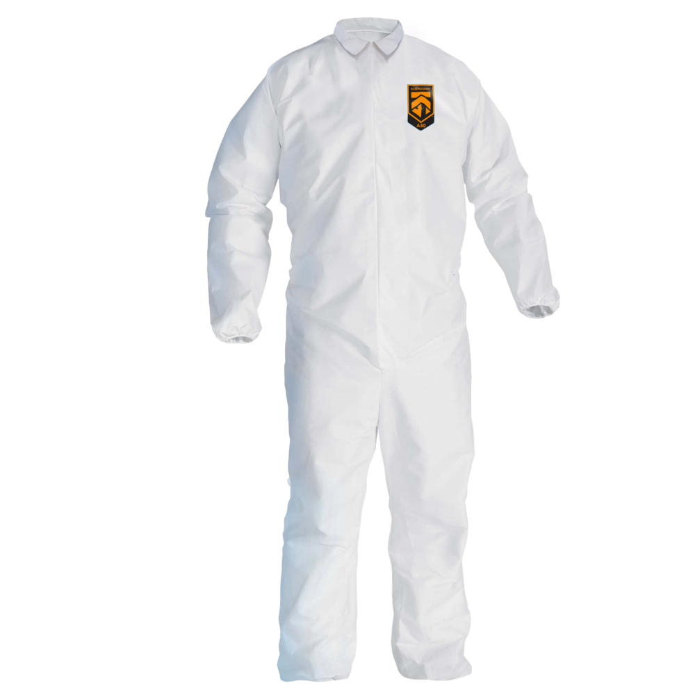 Combinaison de protection contre les particules et les éclaboussures perméables à l’air Kleenguard™ A30 (46104), fermeture éclair à l’avant, bande élastique à l’arrière, aux poignets et aux chevilles, blanche, conception REFLEX, TG (qté 25) - 46104