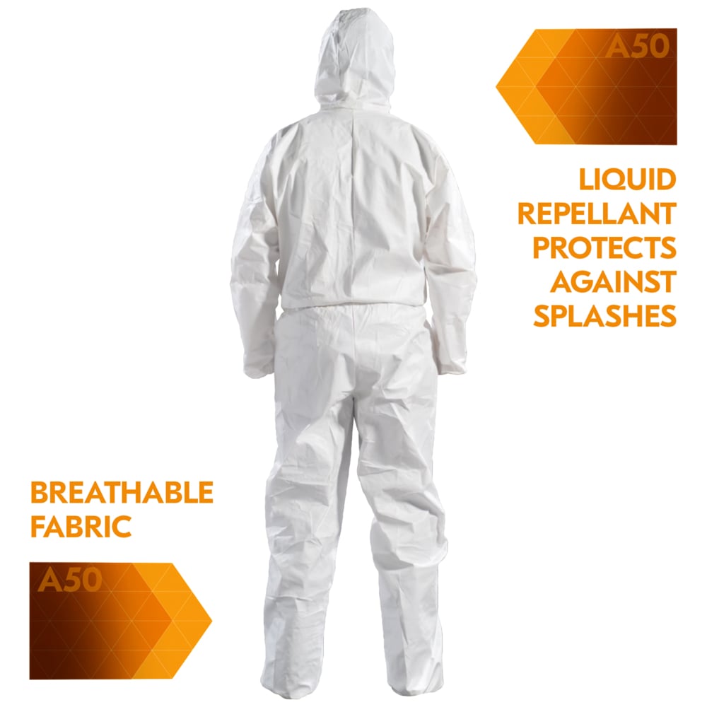 KLEENGUARD A50 Breathable Splash & Particle Protection Coveralls - Hooded / White / L - 51926