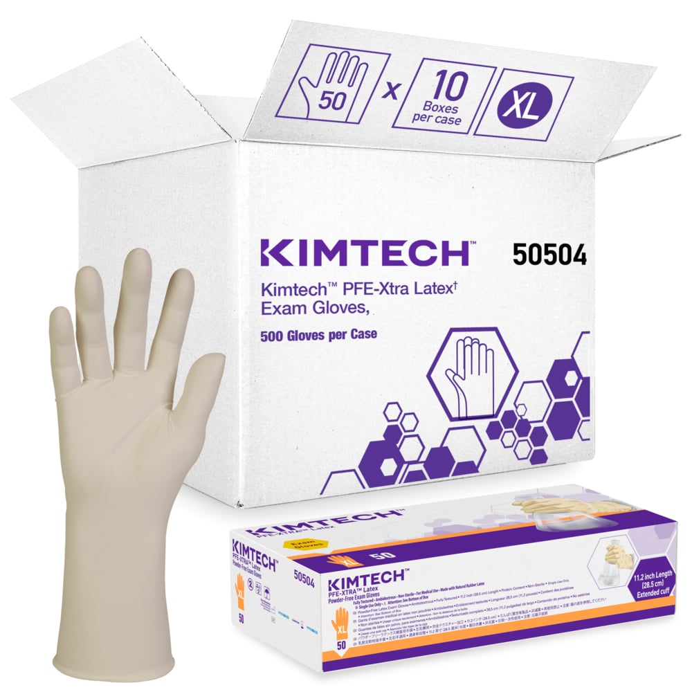 Kimberly-Clark™  PFE-Xtra Latex Exam Gloves (50504), 10.2 Mil, Ambidextrous, 12”, XL, Natural Color, 50 / Box, 10 Boxes, 500 Gloves / Case - 50504