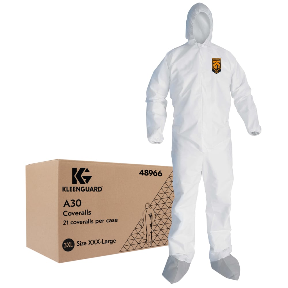 KleenGuard™ A30 Breathable Splash and Particle Protection Coveralls (48966), REFLEX Design, Hood, New Skid-Resistant Boots, Zip Front, Boots, Elastic Wrists, White, 3XL, 21 / Case - 48966