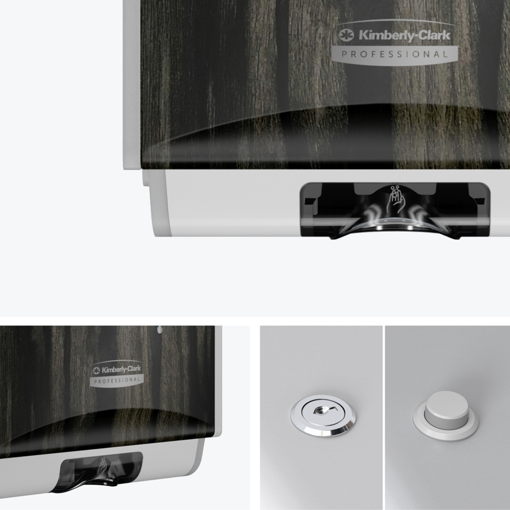 Distributrice automatique de savon et de désinfectant ICON™ de Kimberly-Clark Professional (58754), avec plaque de revêtement décorative au motif de grain de bois d’ébène; une distributrice et une plaque de revêtement par caisse - 58754
