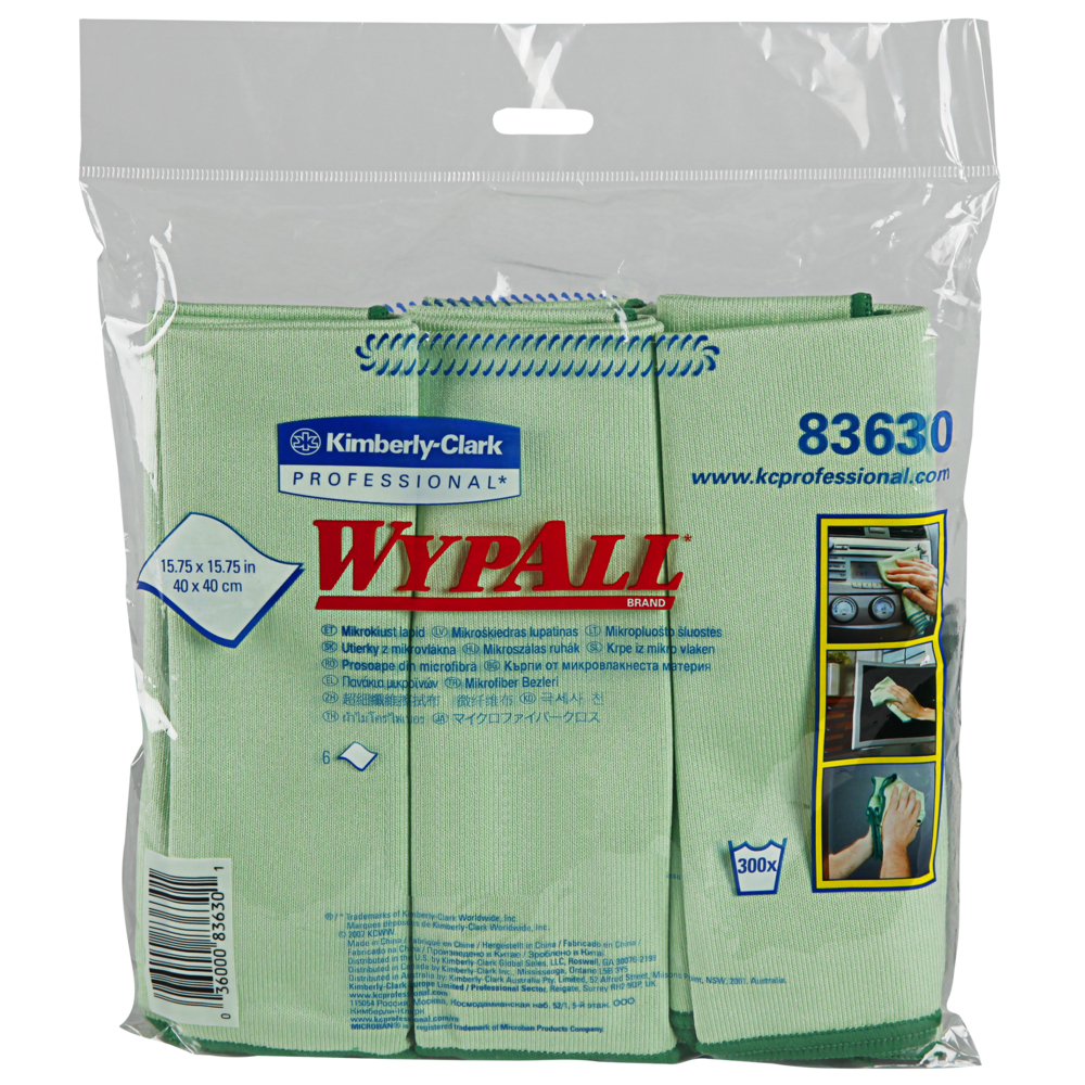 Chiffons en microfibre Wypall (83630), réutilisable, 15,75 po x 15,75 po, vert, pour verre et miroirs, 4 paquest/caisse, 6 lingettes/contenant, 24 chiffons/caisse - 83630