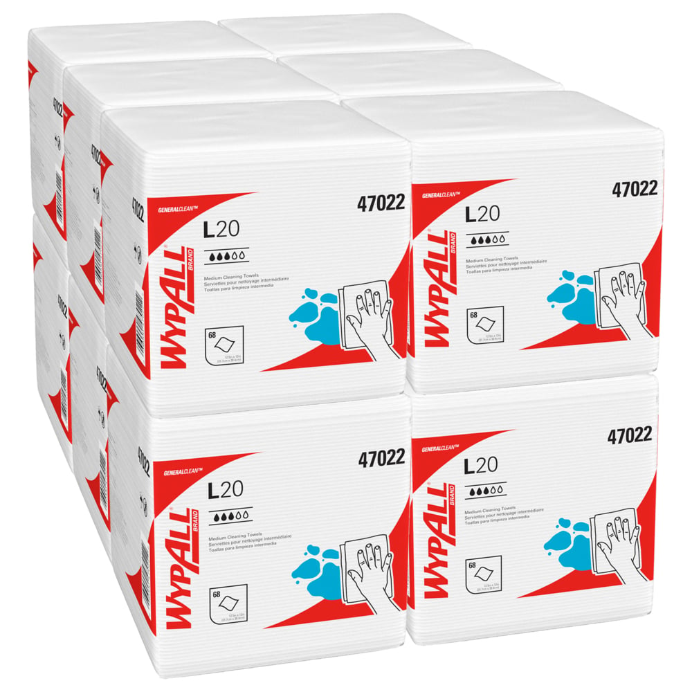 WypAll® GeneralClean™ L20 Medium Cleaning Cloths (47022), Quarterfold, White (68 Sheets/Box, 12 Boxes/Case, 816 Sheets/Case) - 47022