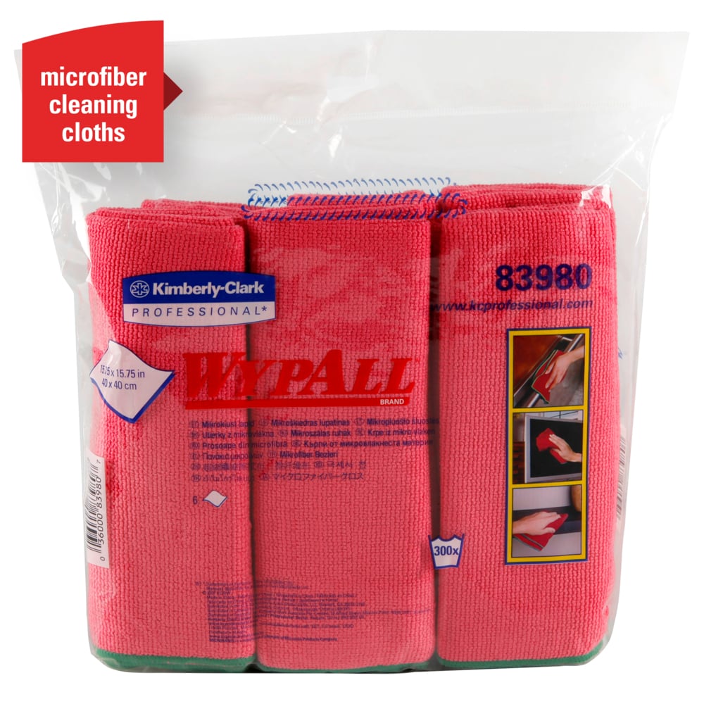 WypAll® Microﬁber Cloths (83980), Reusable, 15.75” x 15.75”, Red (6 Cloths/Pack, 4 Packs/Case, 24 Cloths/Case) - 83980