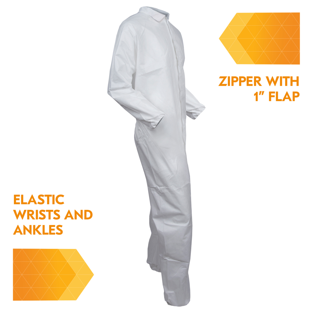 KleenGuard™ A30 Breathable Splash and Particle Protection Coveralls (46107), REFLEX Design, Zip Front, Elastic Wrists & Ankles, White, 4XL, 21 / Case - 46107