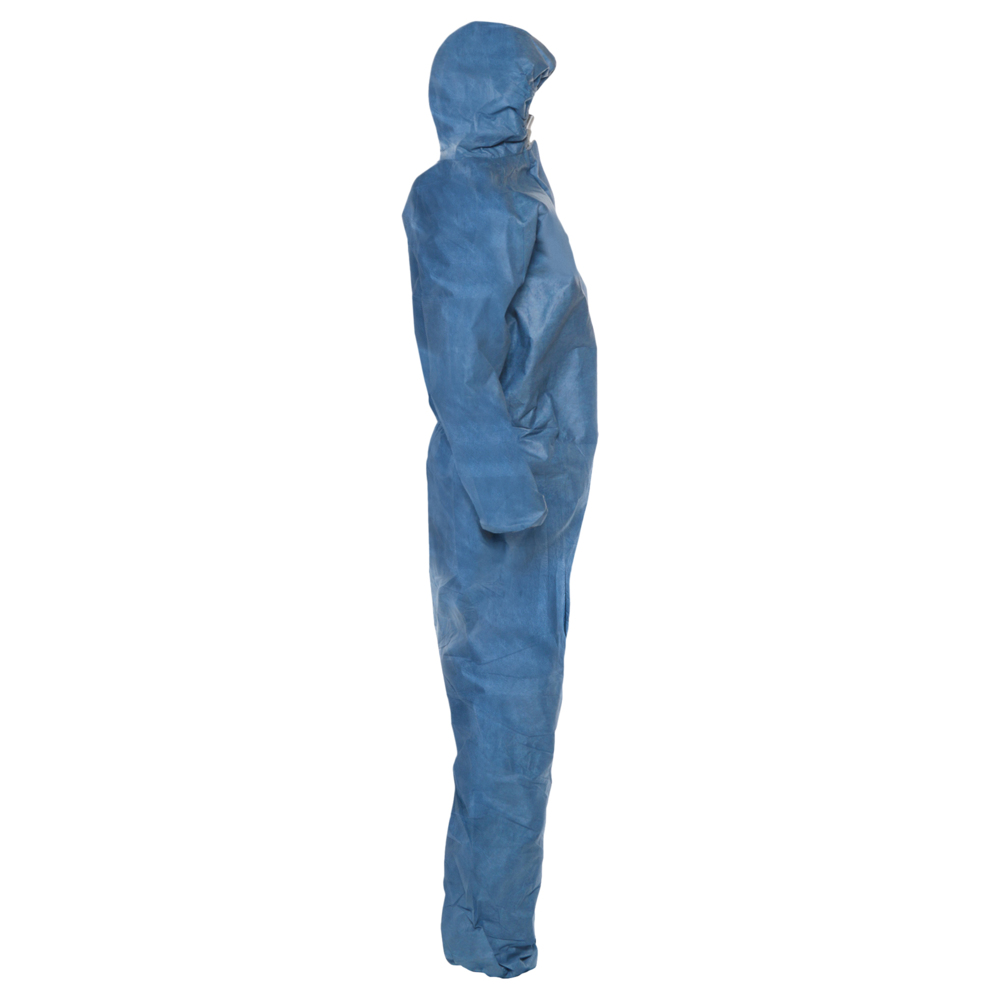 Combinaison de protection contre les particules perméables à l’air Kleenguard A20 (58517), conception REFLEX, fermeture éclair à l’avant, capuchon, bande élastique aux poignets et aux chevilles, bleue jean, 4TG, 20/caisse - 58517