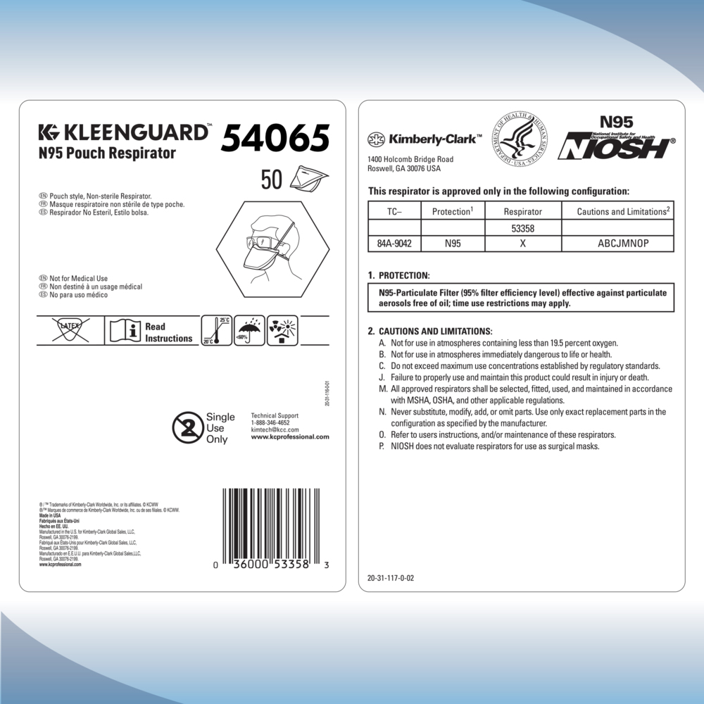 KleenGuard™ N95 Particulate Respirator: Pouch Style (54065), NIOSH-Approved, Made in USA, Small Size, 20 Respirators/Carton, 12 Cartons/Case, 240 Respirators/Case - 54065