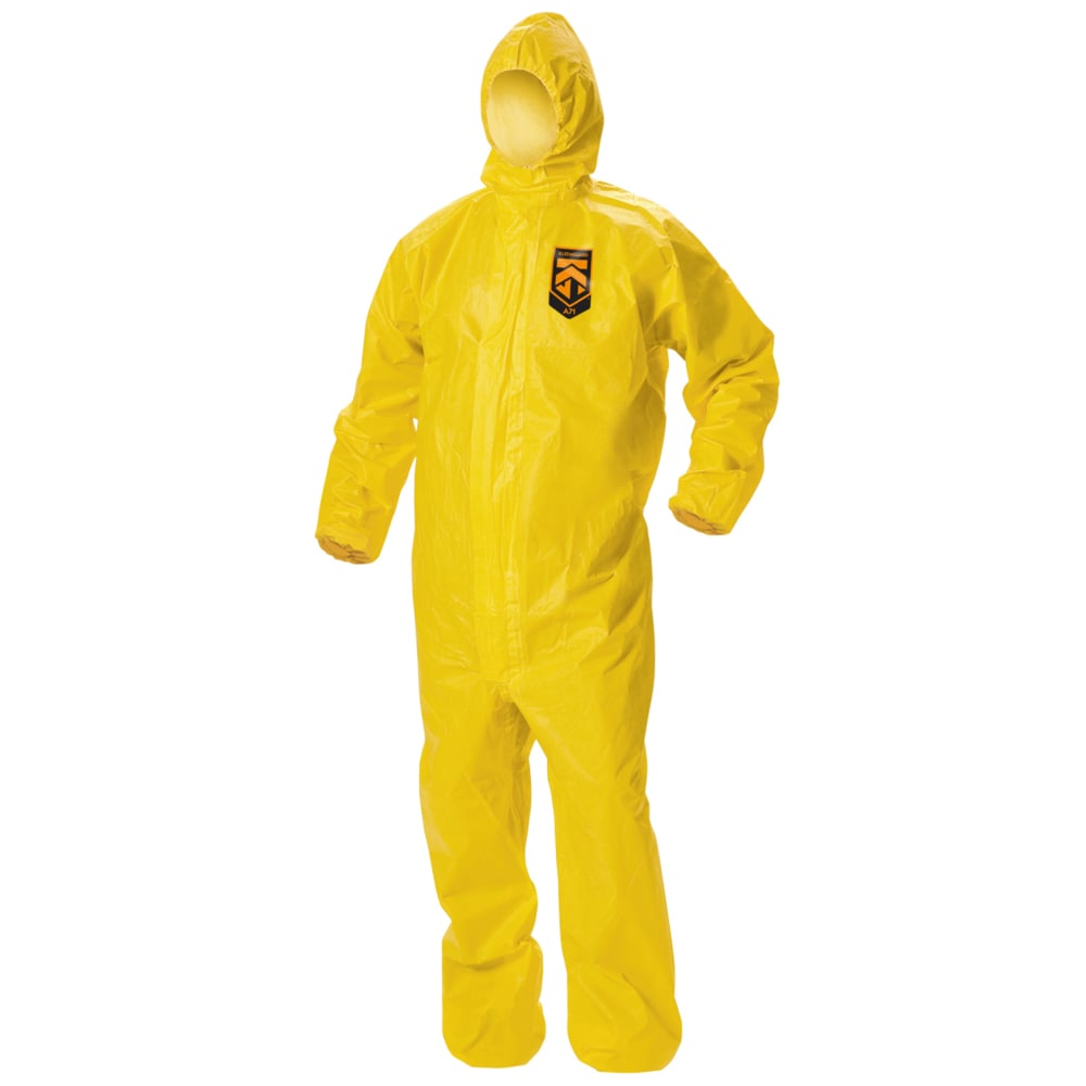 KleenGuard™ A71 Chemical Permeation and Liquid Jet Spray Protection Coveralls (46771), Zip Front, Elastic Wrists, Waist, Ankles and Hood, Large, High-Visibility Yellow, 10 Garments / Case - 46771