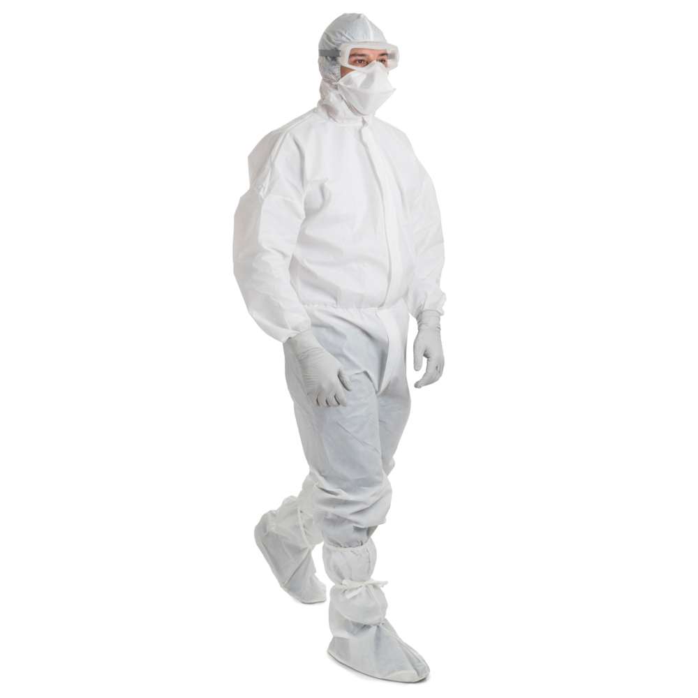 Combinaison de protection contre les éclaboussures perméables à l’air Kimtech A6 (47686), fermeture éclair recouverte, bande élastique aux poignets, brides de pouce, capuchon, blanche, 3TG, 25/caisse - 47686