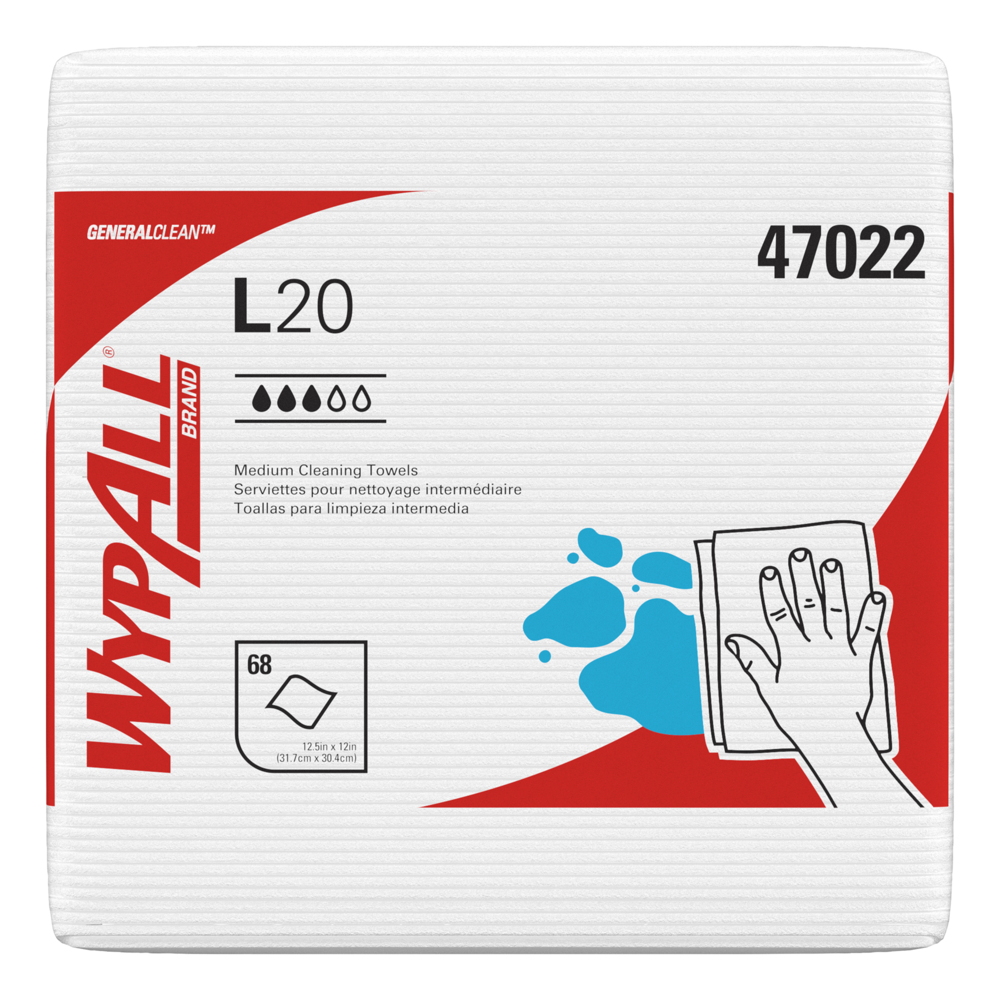 Chiffons de nettoyage moyen WypAll® L20 General Clean (47022), format à quatre plis, blancs, pliés en quatre, 12 paquets/caisse, 68 feuilles/paquet - 47022