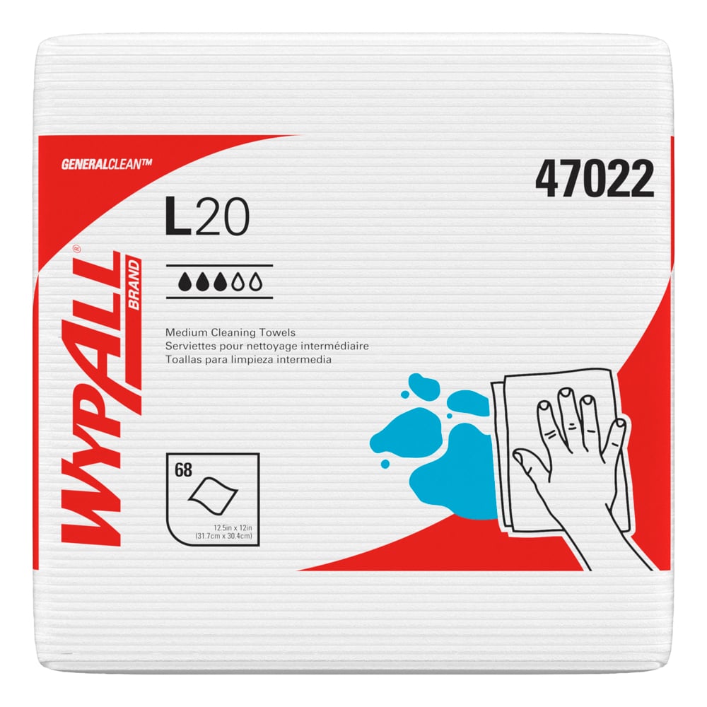 WypAll® GeneralClean™ L20 Medium Cleaning Cloths (47022), Quarterfold, White (68 Sheets/Box, 12 Boxes/Case, 816 Sheets/Case) - 47022