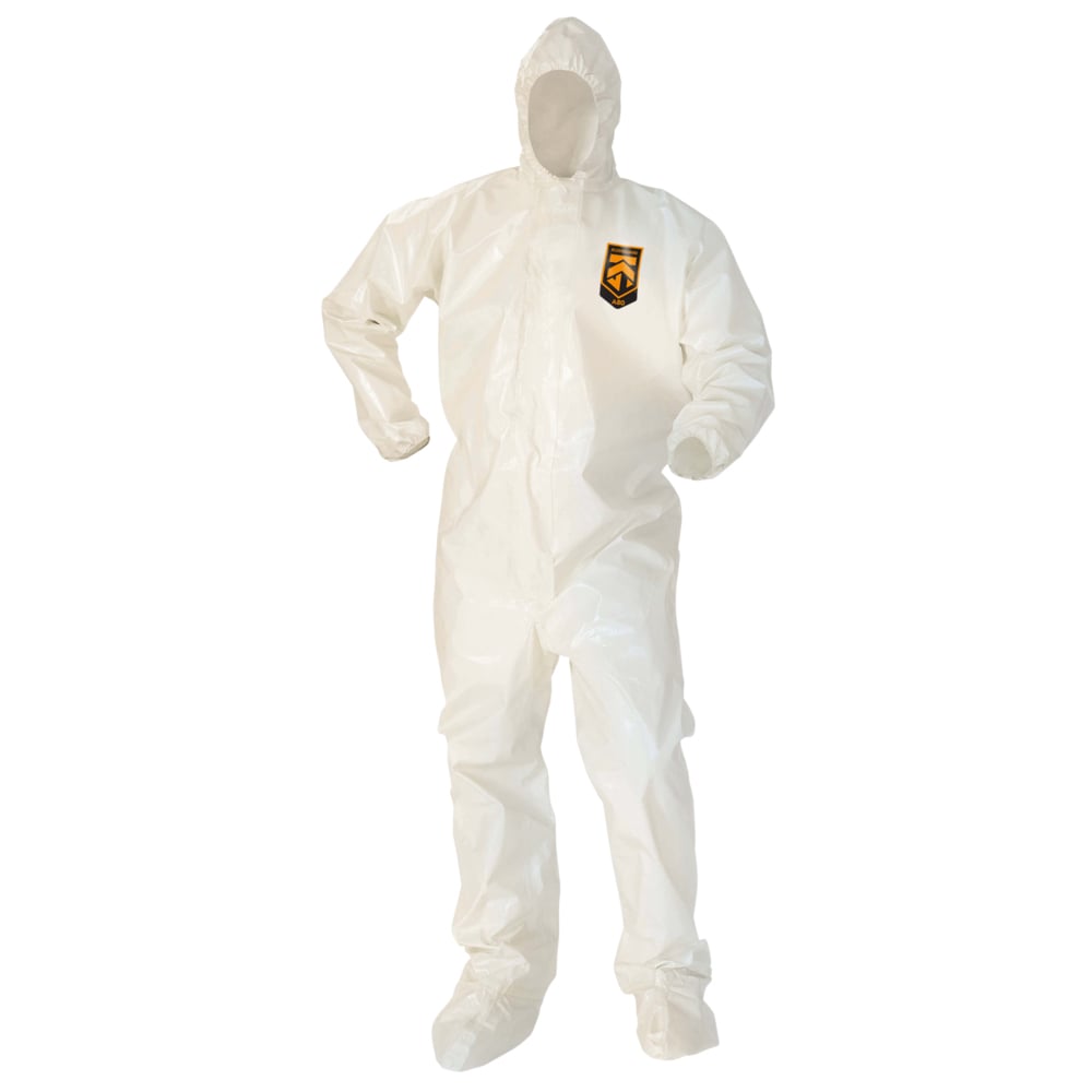 KleenGuard™ A80 Chemical Permeation & Jet Liquid Particle Protection Coveralls (45663), Zip Front, Storm Flap, EWA, Respirator-Fit Hood, Boots, White, Large, 12 / Case - 45663