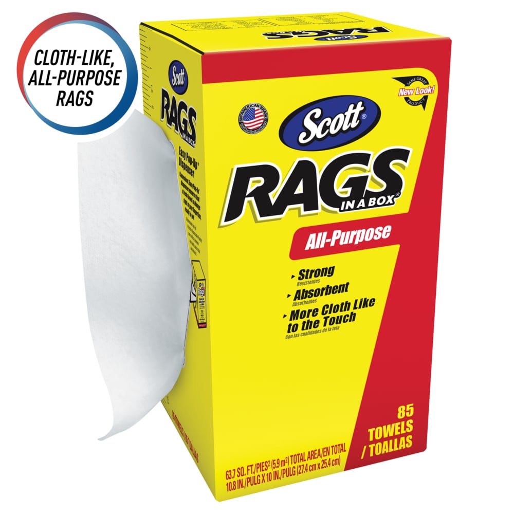 Scott® Rags In A Box™ (52782), White, 10.8” x 10”, 85 Shop Towels/ Box, 6 Boxes/Case, 510 Towels/Case - 52782