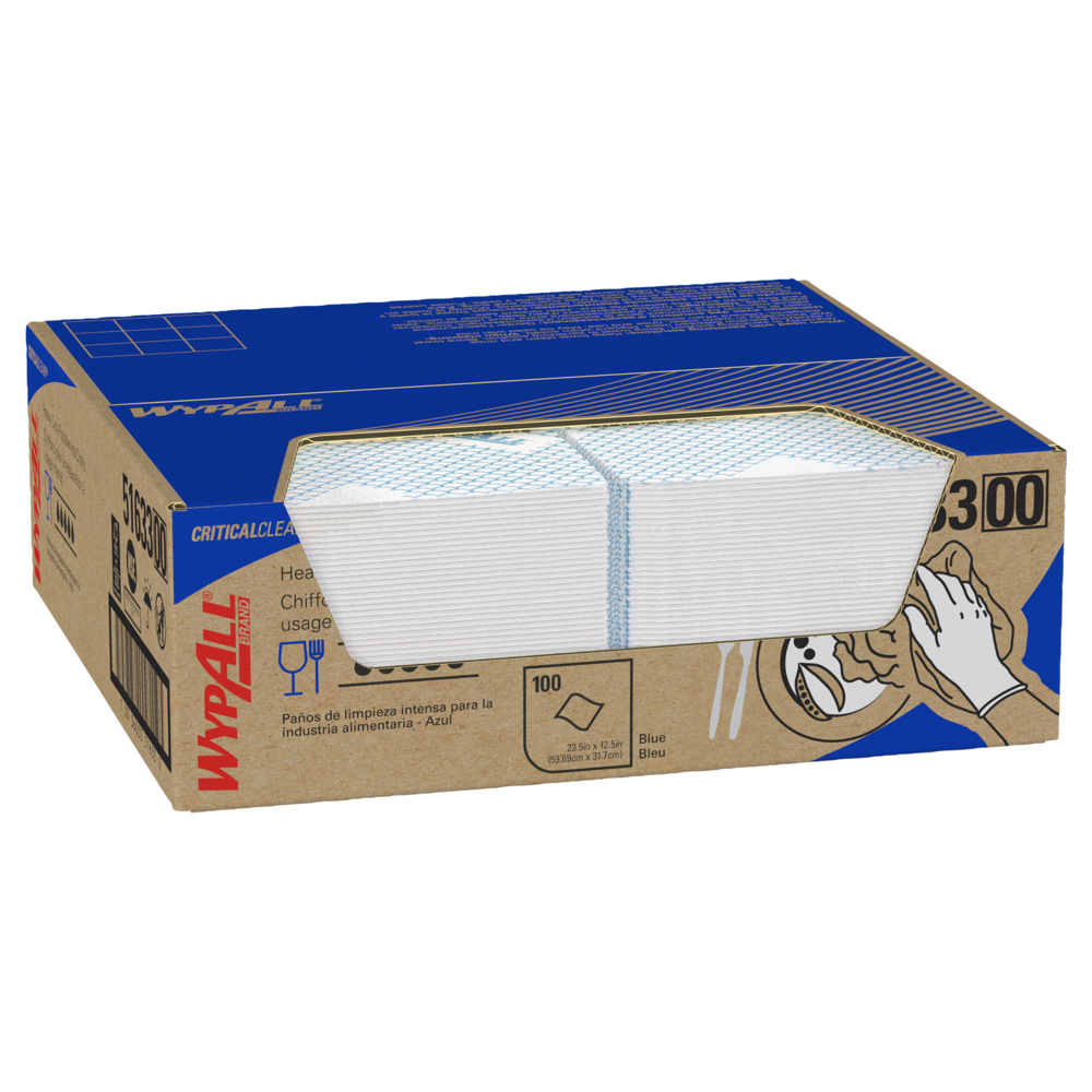 Chiffons très résistants pour le secteur de la restauration WypAll® CriticalClean™ (51633), chiffons pliés en quatre, bleus (100 feuilles/boîte, 1 boîte/caisse, 100 feuilles/caisse) - 51633